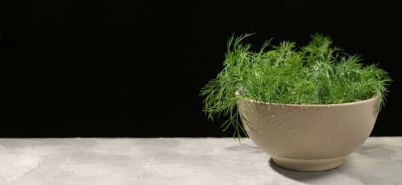 Image of Fresh dill in bowl on grey table against black background. Banner design with space for text