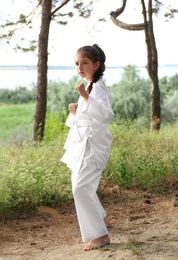 Photo of Cute little girl in kimono practicing karate outdoors