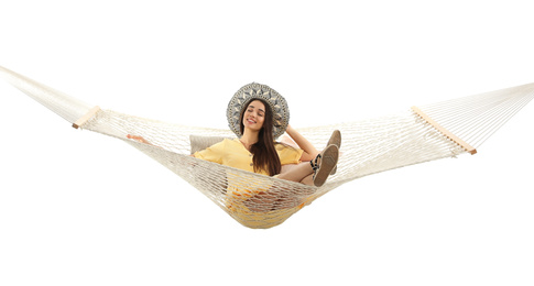 Photo of Woman resting in hammock on white background