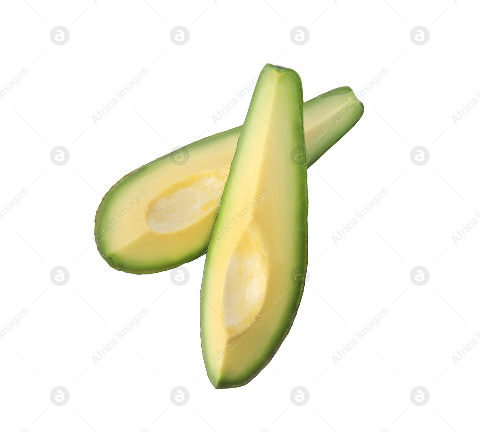 Photo of Slices of raw avocado isolated on white, top view