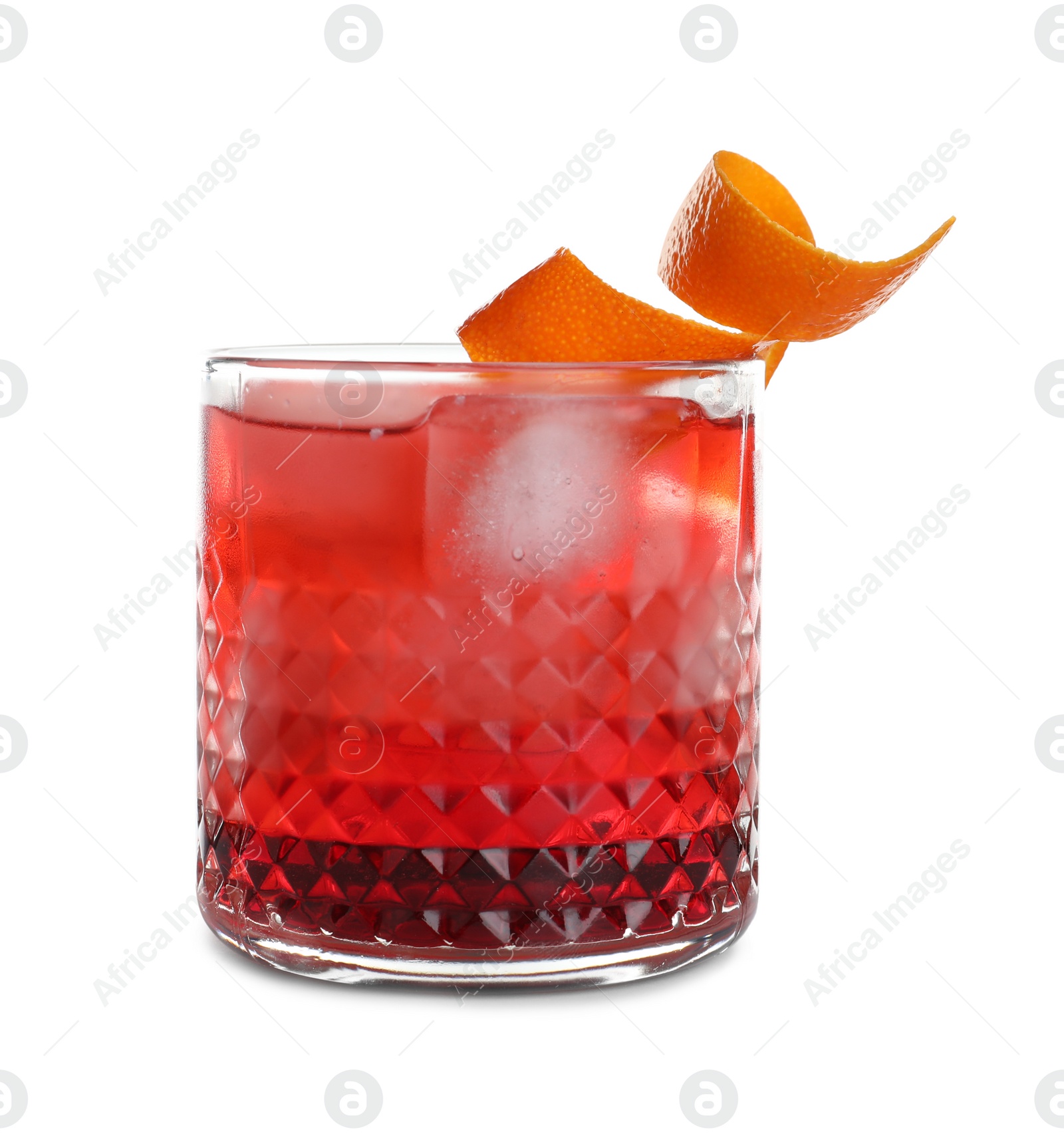 Photo of Glass of tasty refreshing cocktail on white background