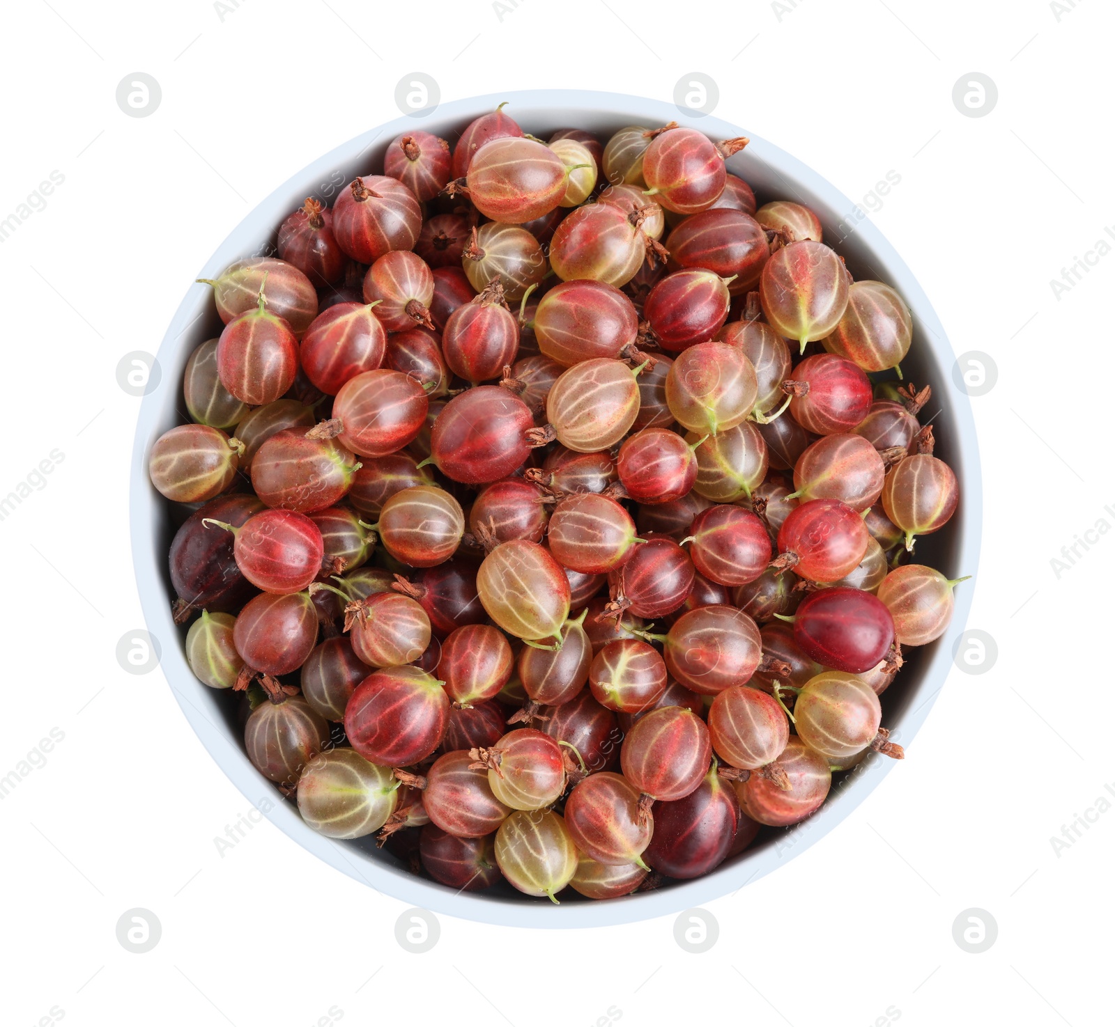 Photo of Bowl full of ripe gooseberries isolated on white, top view