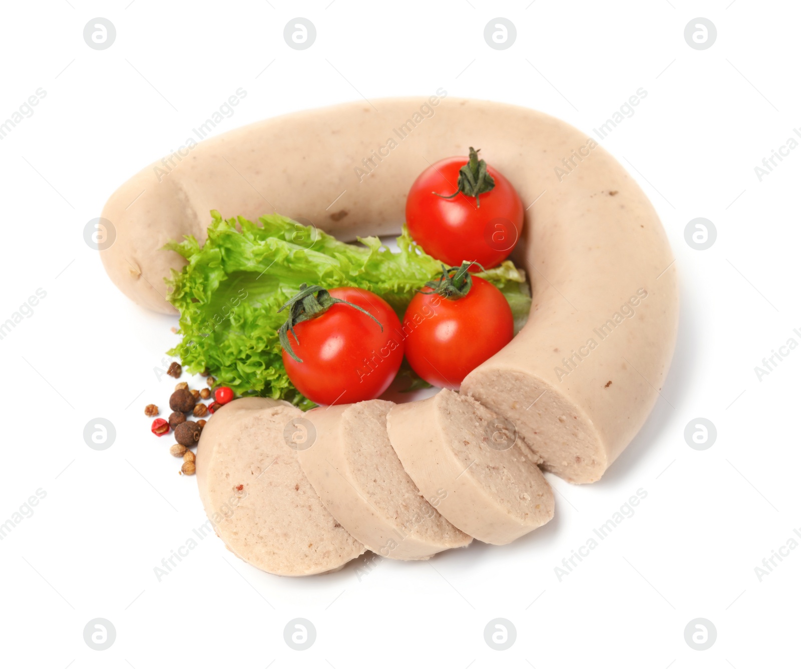 Photo of Delicious liver sausage, tomatoes, lettuce and peppercorns on white background