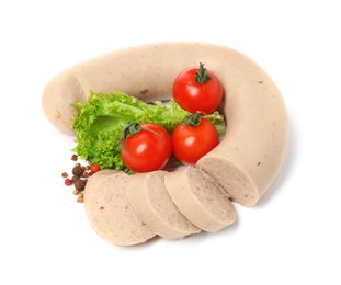 Photo of Delicious liver sausage, tomatoes, lettuce and peppercorns on white background