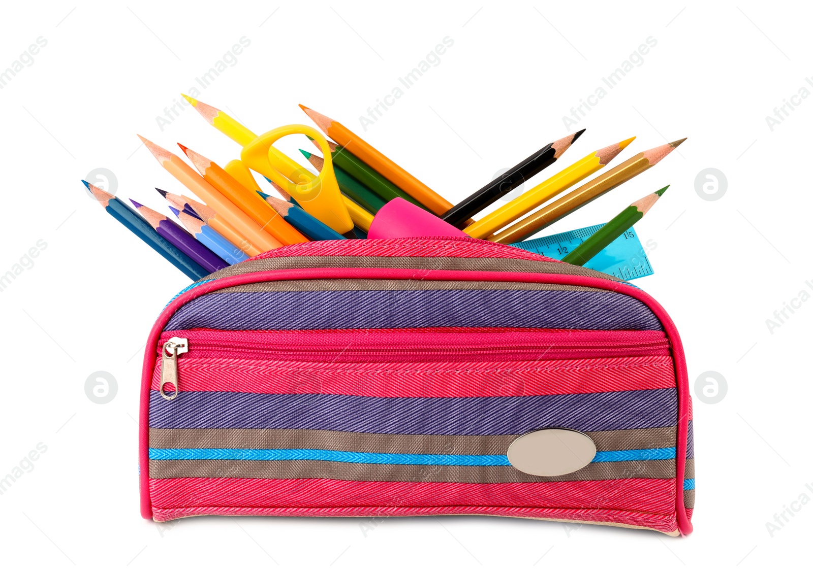 Photo of Case full of color pencils and school stationery on white background