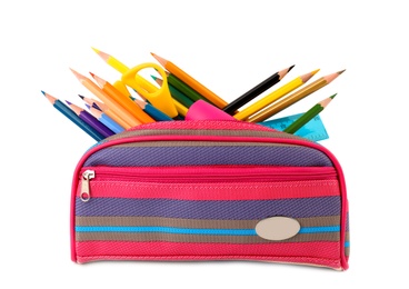 Photo of Case full of color pencils and school stationery on white background