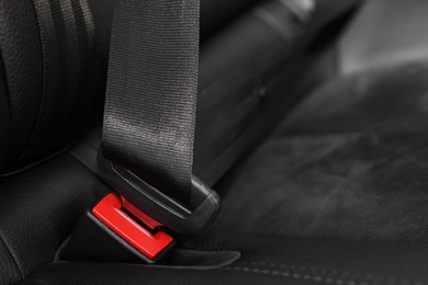 Photo of Safety belt and seat inside of modern black car, closeup