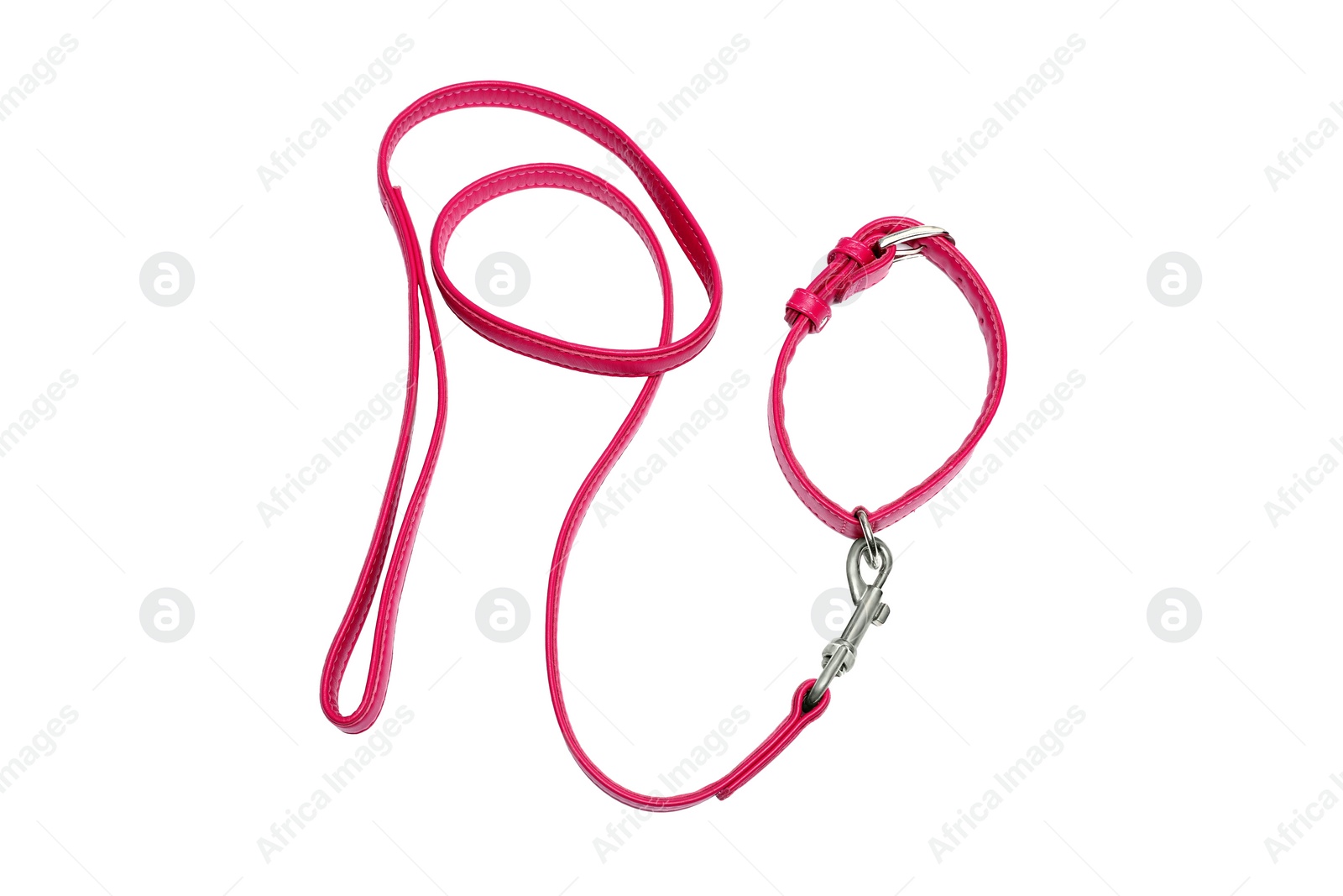 Photo of Red leather dog leash isolated on white, top view