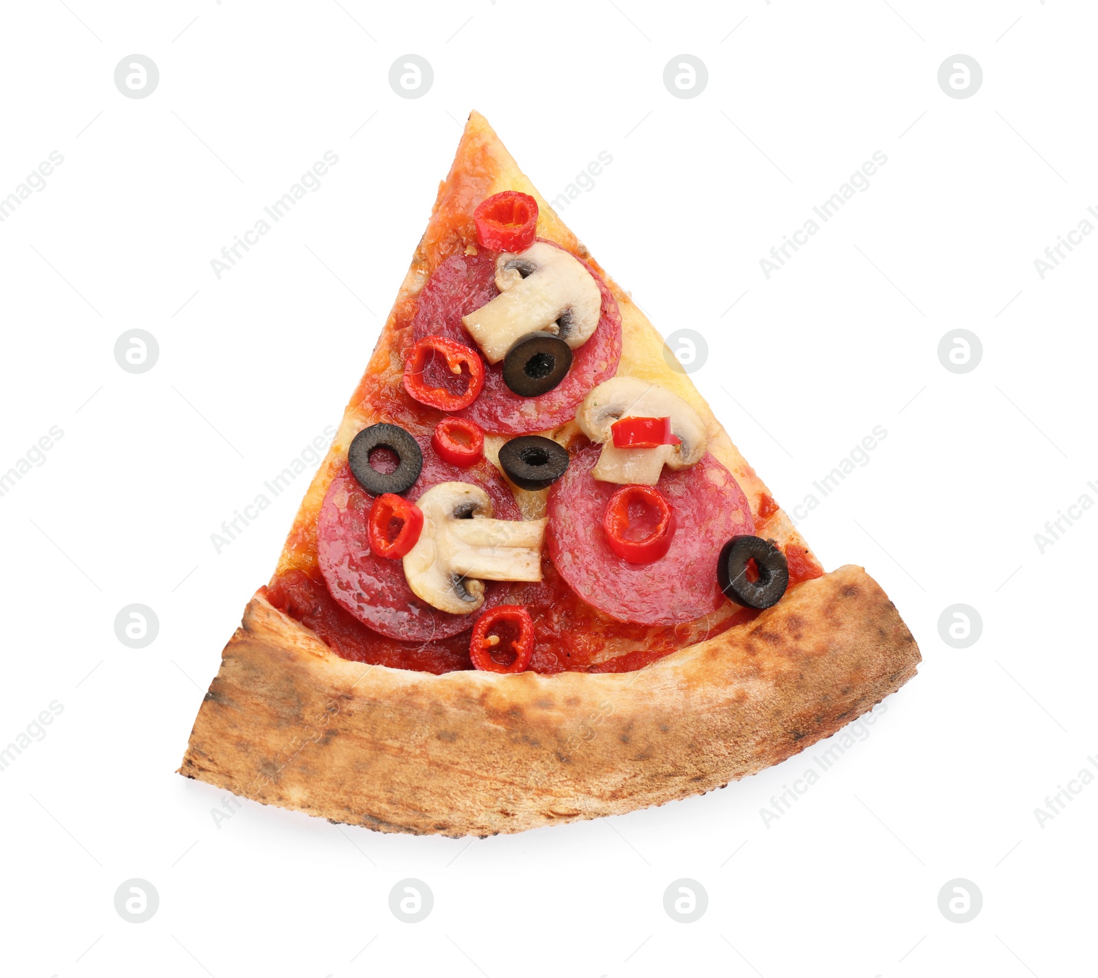 Photo of Slice of delicious pizza isolated on white, top view