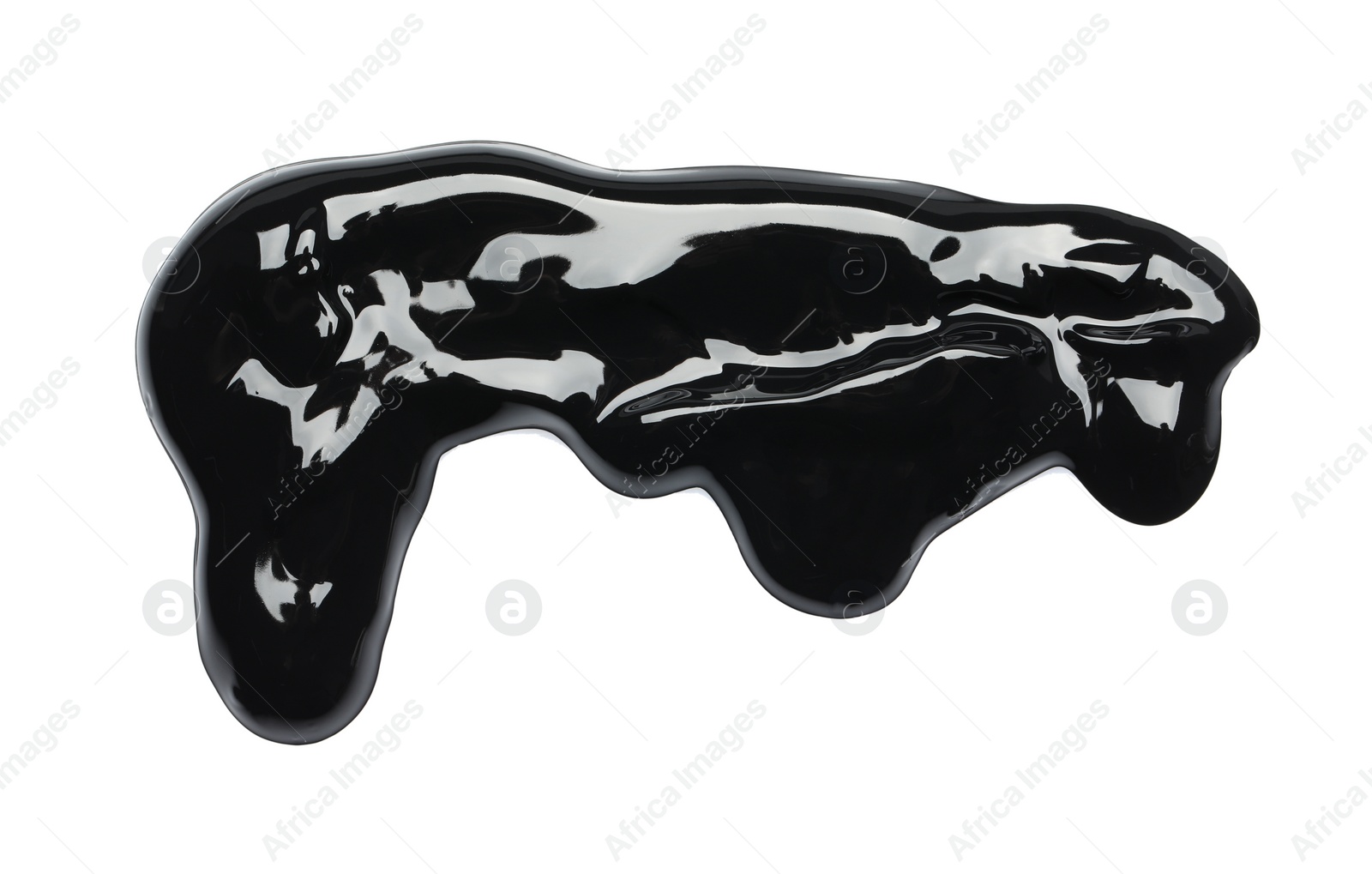 Photo of Blot of black glossy paint on white background, top view