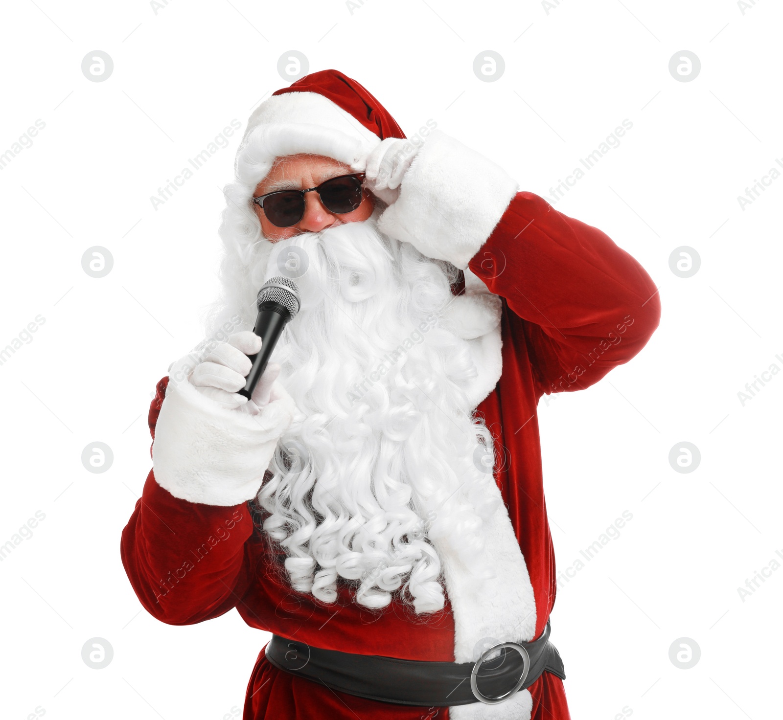 Photo of Santa Claus singing on white background. Christmas music