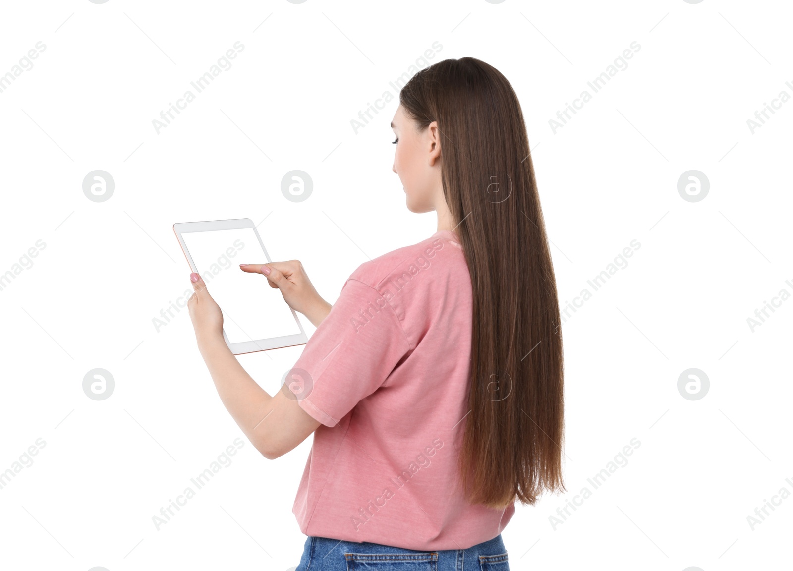 Photo of Woman using tablet with blank screen on white background. Mockup for design