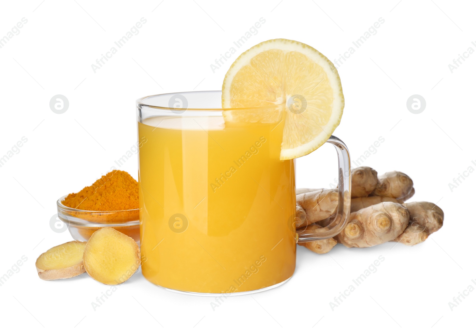 Photo of Immunity boosting drink with lemon, ginger and turmeric on white background