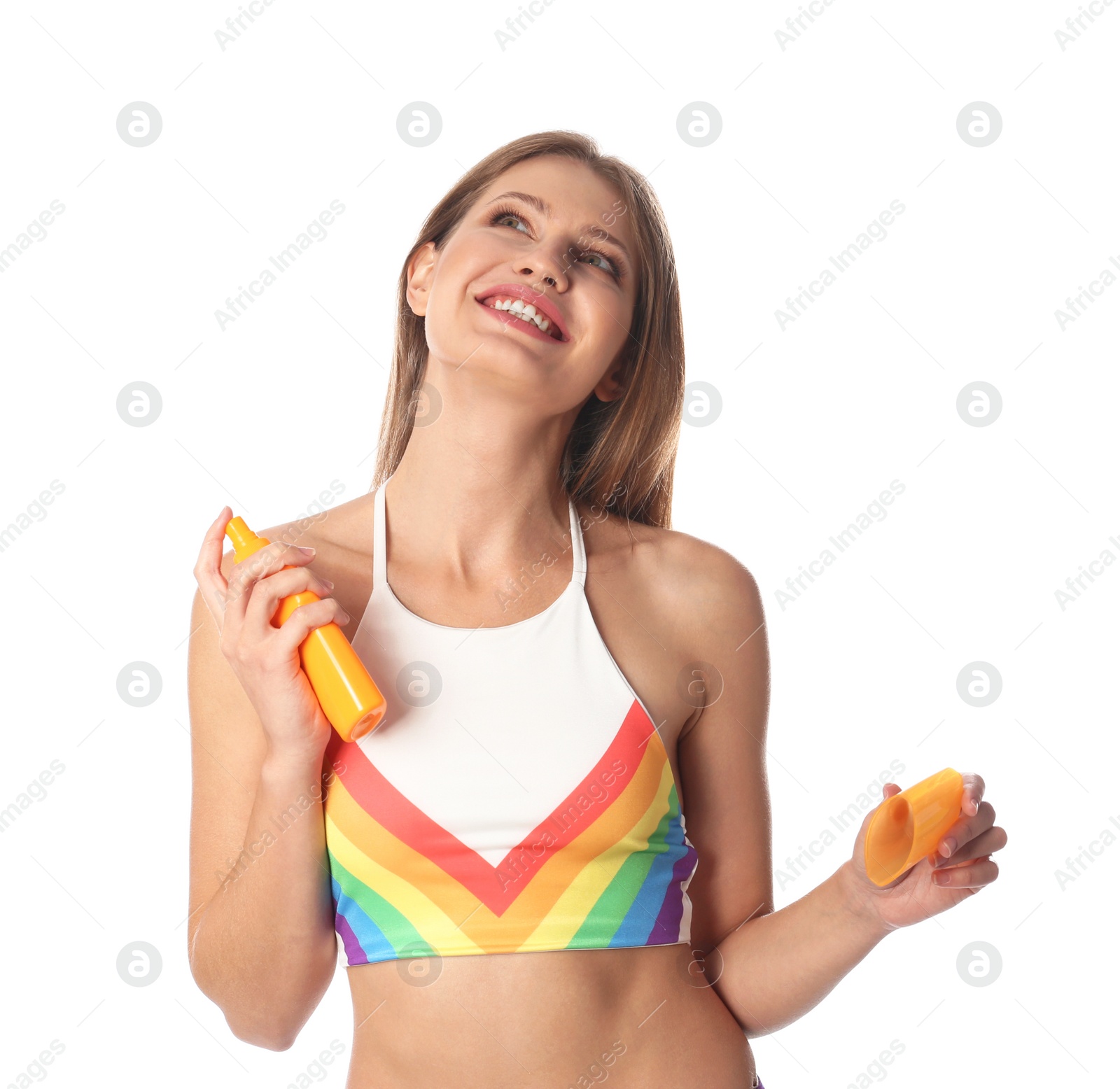 Photo of Woman with bottle of sun protection body cream on white background