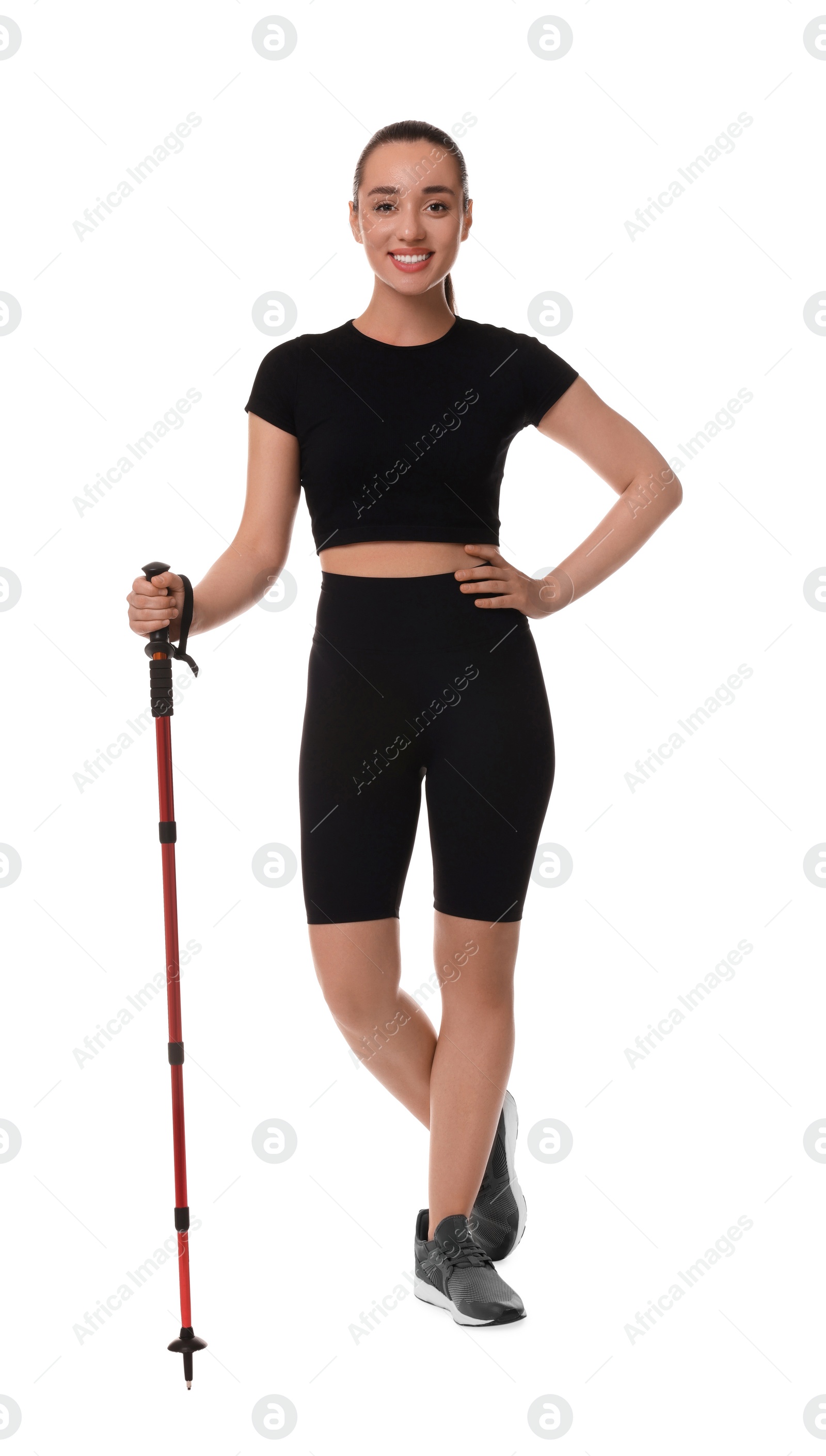 Photo of Woman with pole for Nordic walking isolated on white