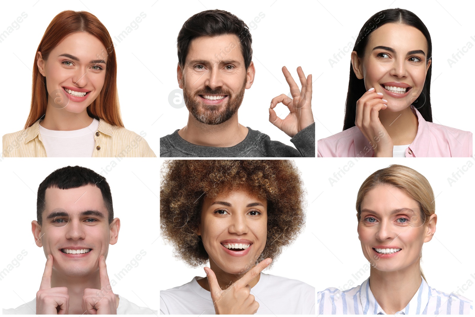 Image of People showing white teeth on white background, collage of photos