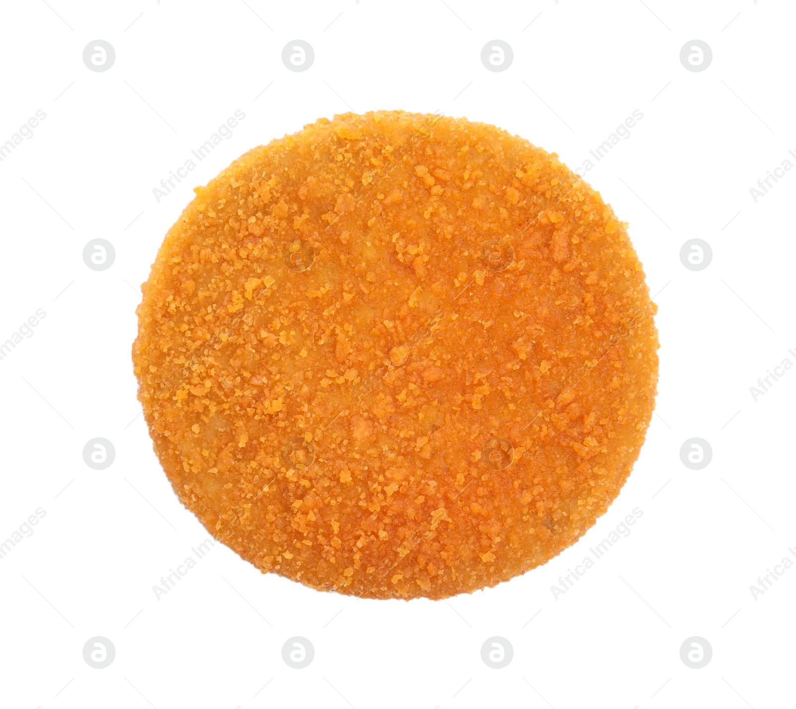 Photo of Delicious fried breaded cutlet isolated on white, top view