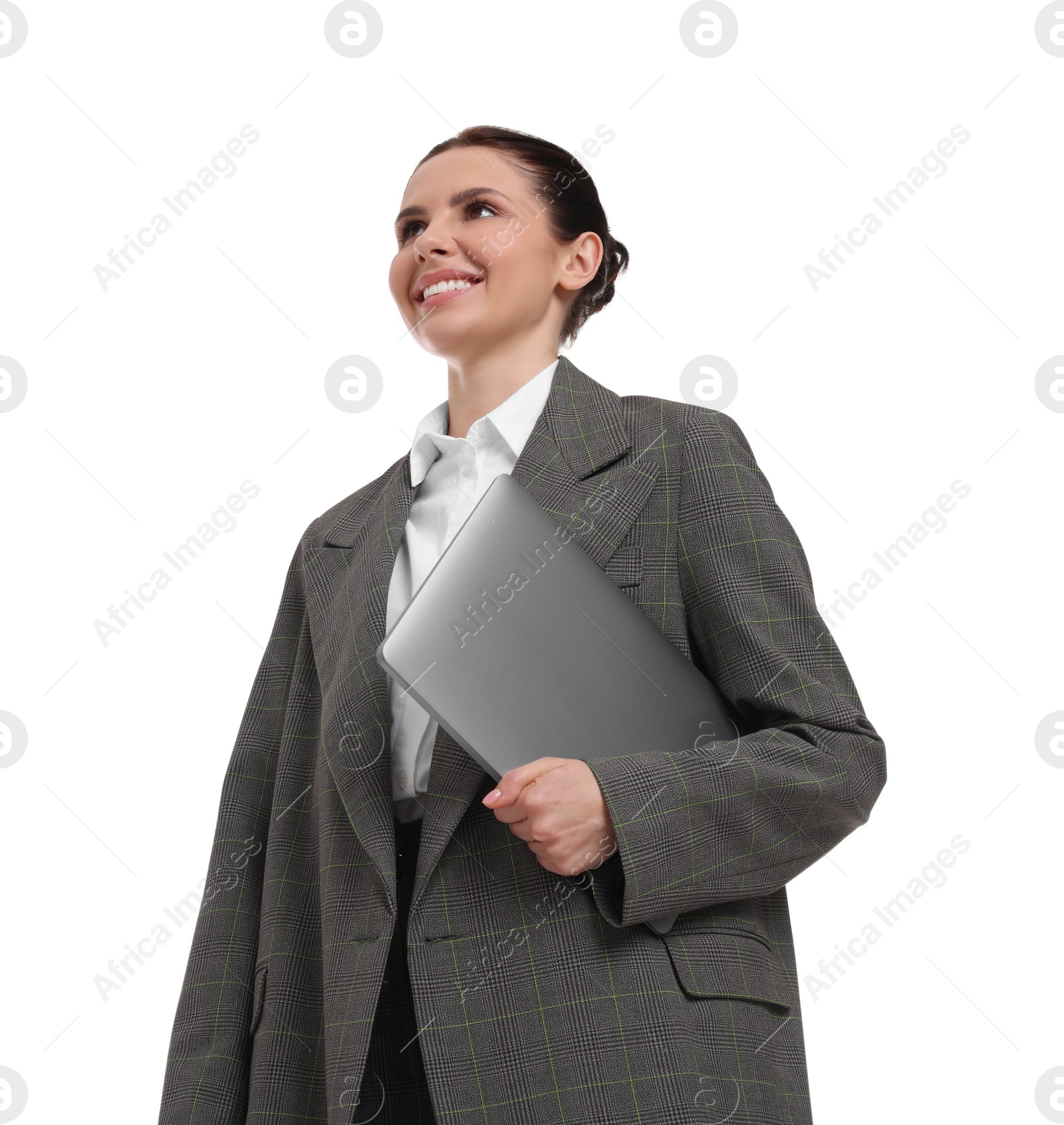 Photo of Beautiful businesswoman with laptop on white background, low angle view