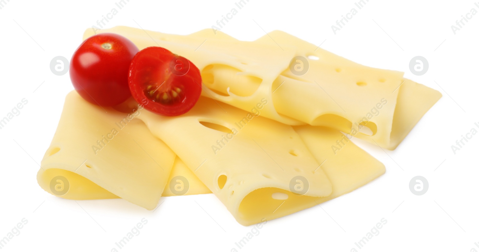 Photo of Slices of tasty fresh cheese and tomatoes isolated on white