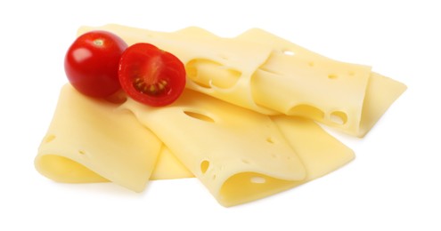 Photo of Slices of tasty fresh cheese and tomatoes isolated on white