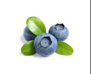 Photo of Fresh ripe blueberries with leaves on white background