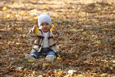 Photo of Cute little child on ground with autumn dry leaves outdoors, space for text