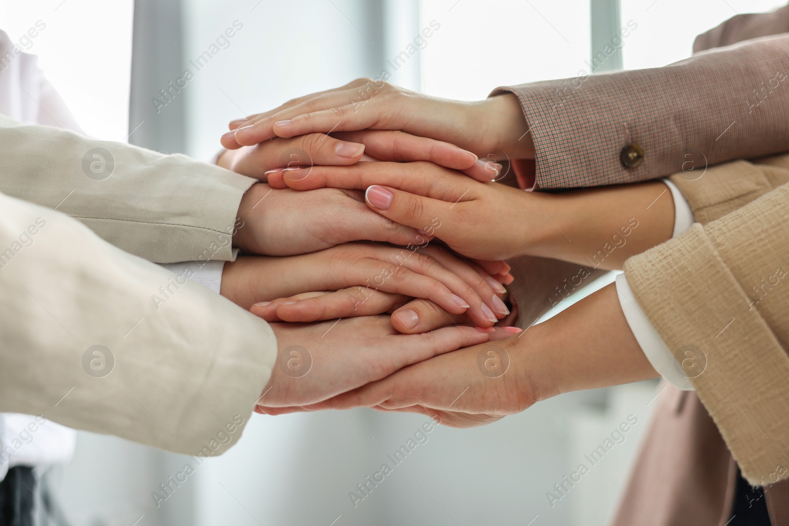 Photo of Group of people holding hands together indoors, closeup. Unity concept