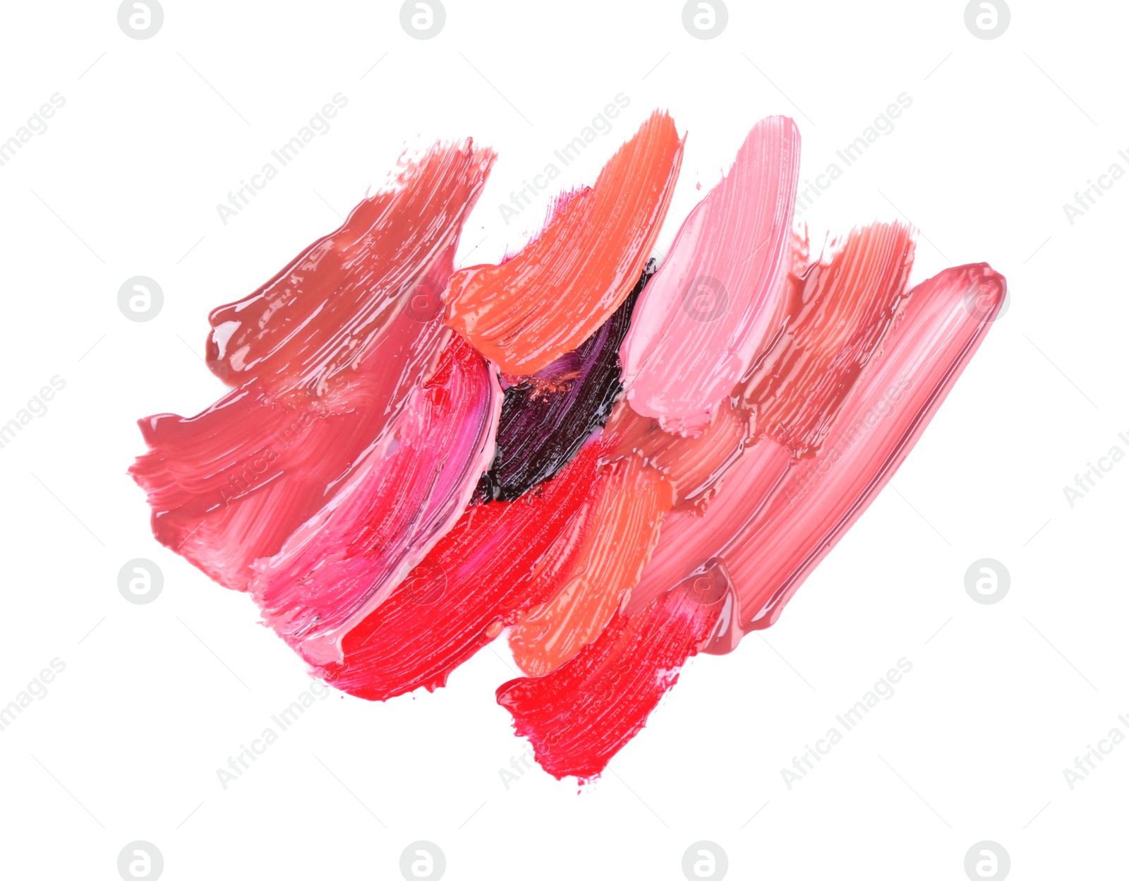 Photo of Strokes of different lip glosses isolated on white, top view