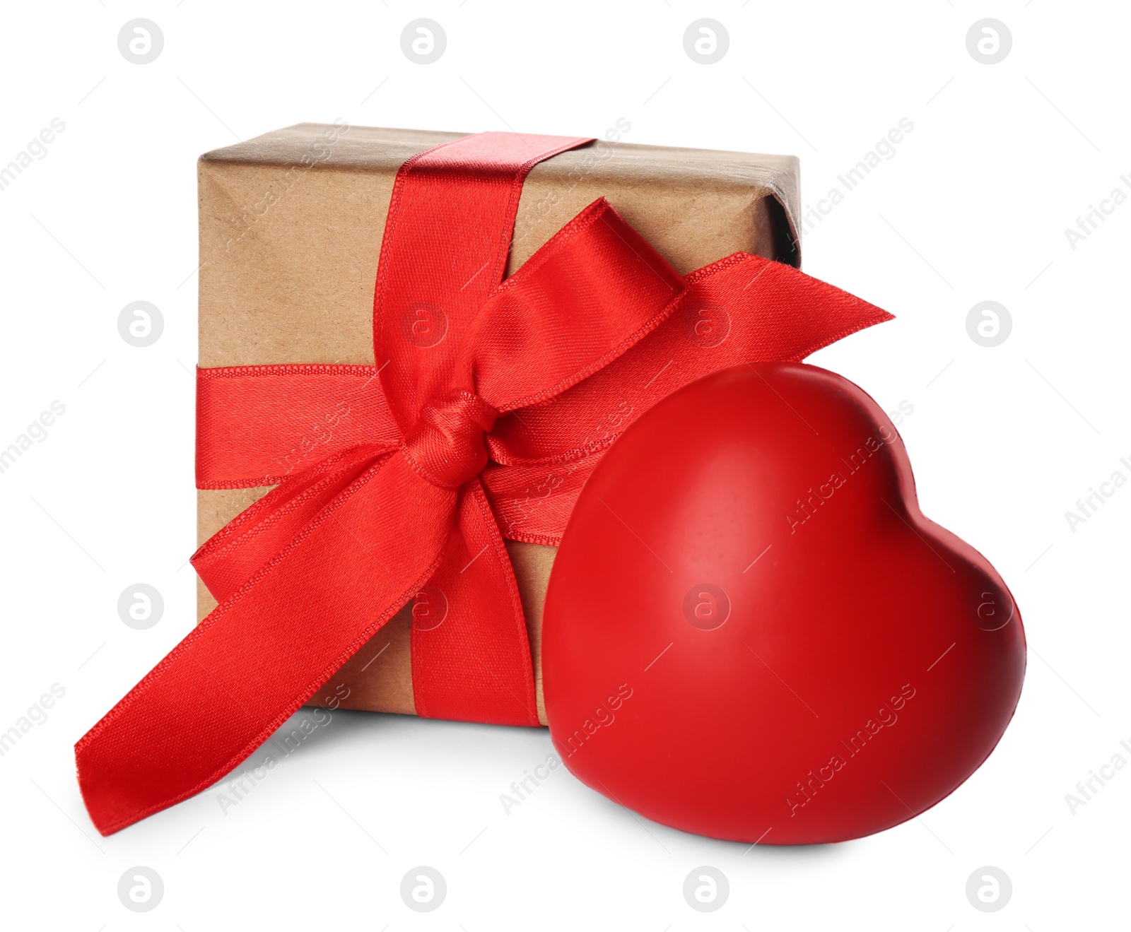 Photo of Beautiful gift box and red heart on white background. Valentine's day celebration