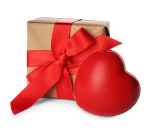 Beautiful gift box and red heart on white background. Valentine's day celebration
