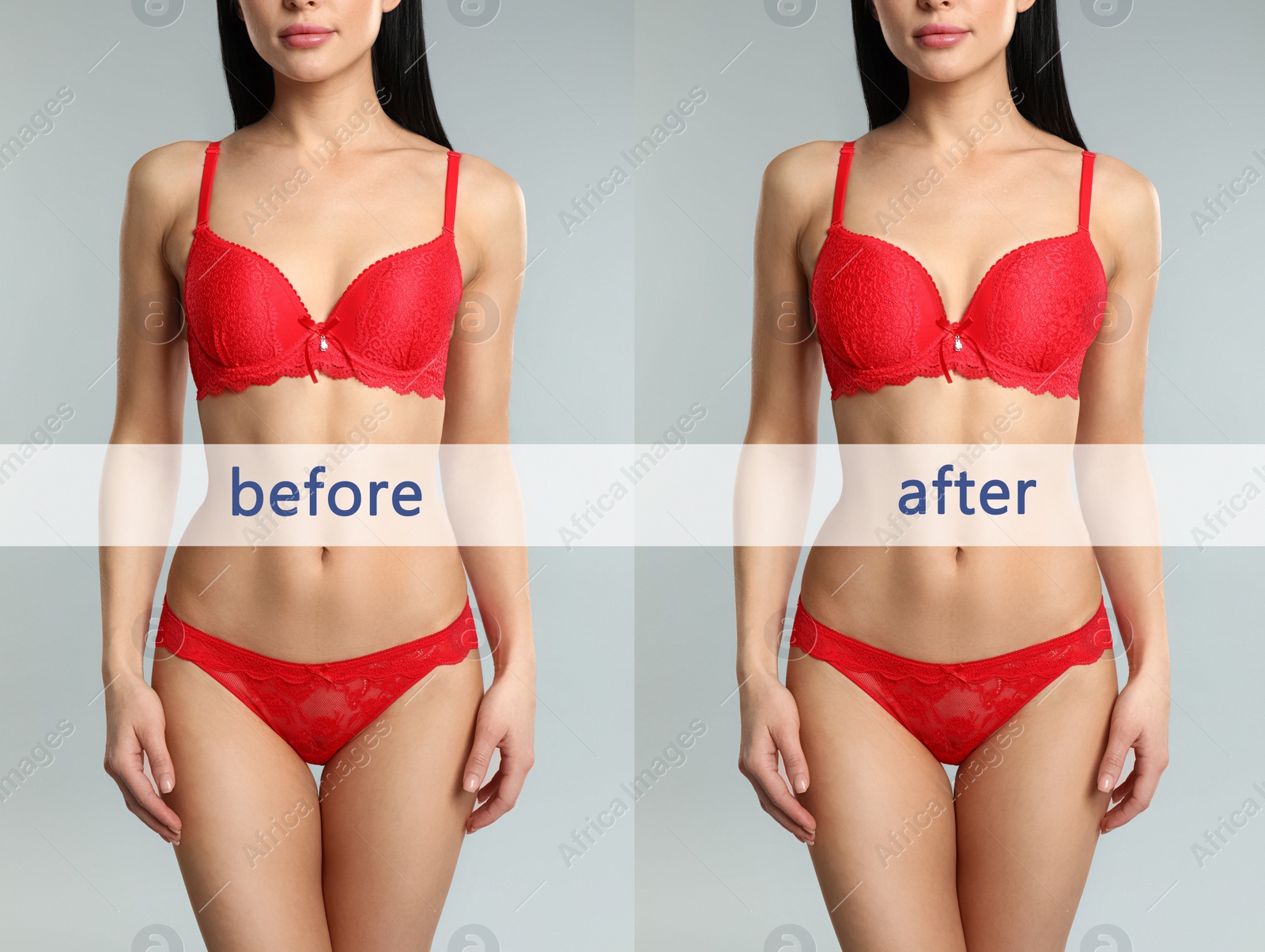 Image of Woman before and after breast augmentation on light grey background, closeup