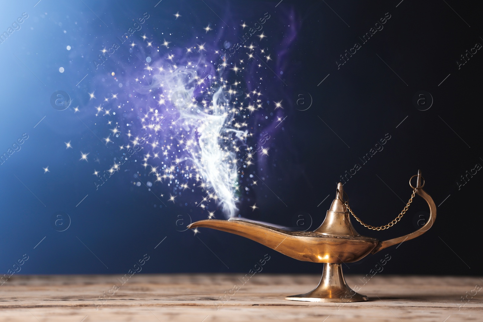 Image of Genie appearing from magic lamp of wishes. Fairy tale