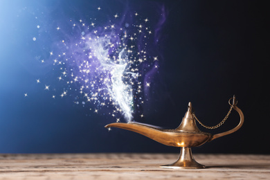 Image of Genie appearing from magic lampwishes. Fairy tale
