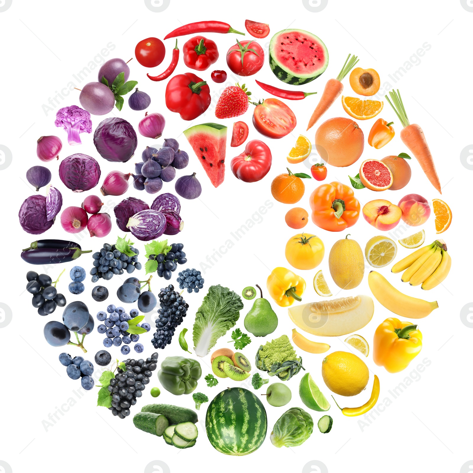 Image of Doughnut shape made of many fresh fruits and vegetables arranged in rainbow colors