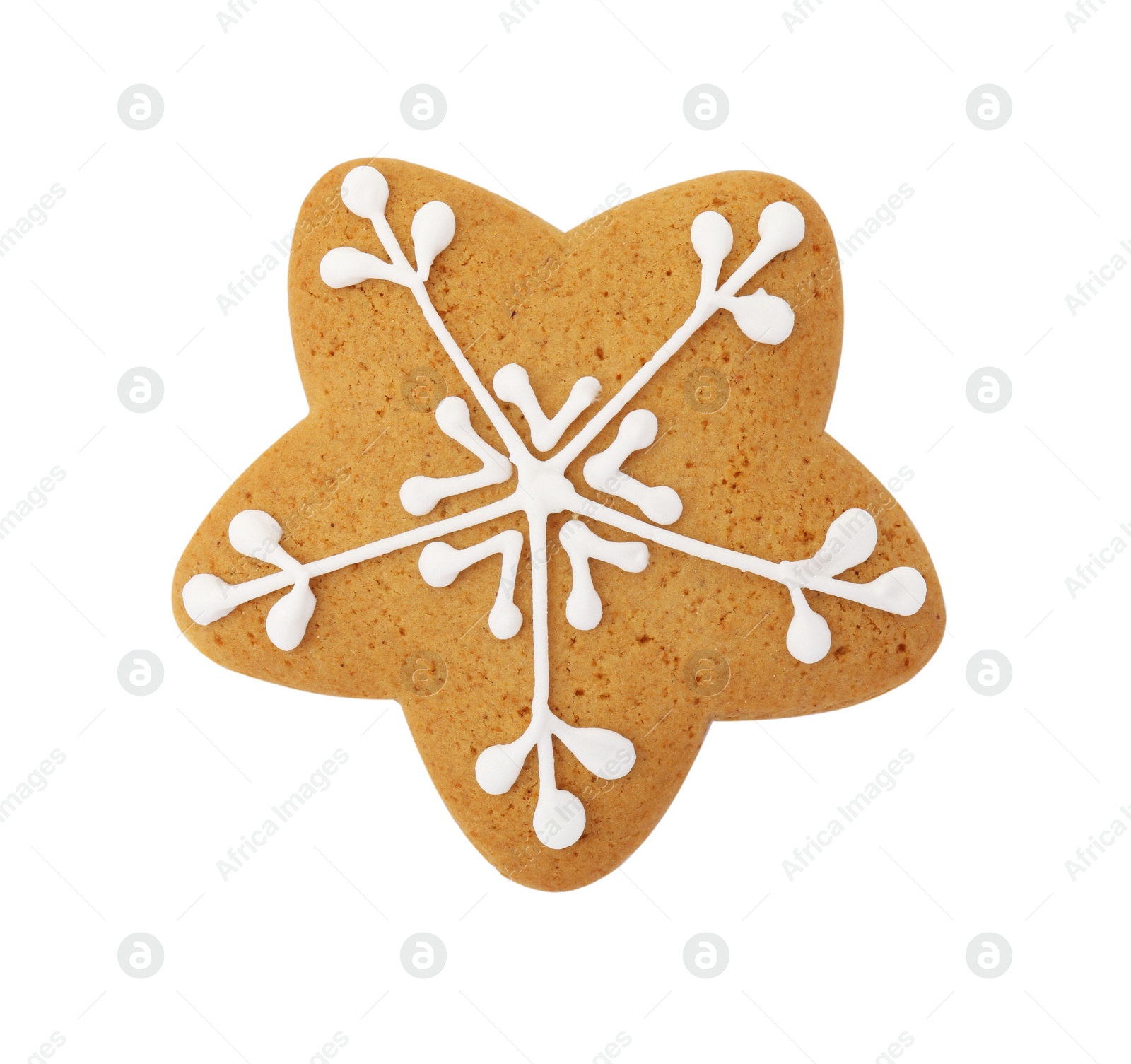 Photo of Tasty star shaped Christmas cookie with icing isolated on white, top view