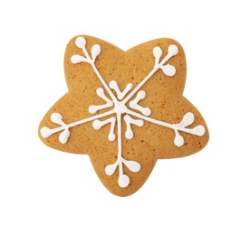 Tasty star shaped Christmas cookie with icing isolated on white, top view