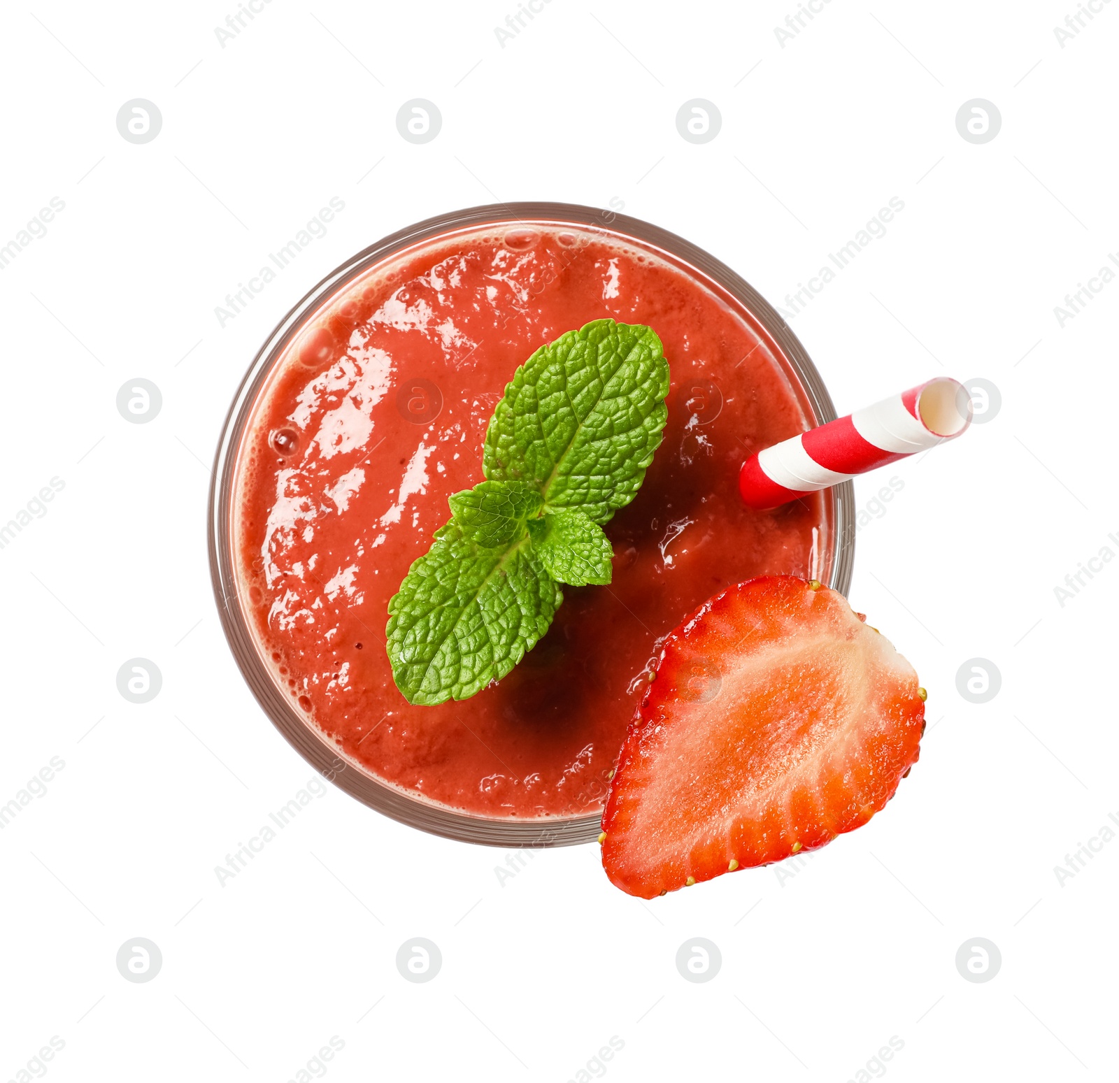 Photo of Glass of tasty strawberry smoothie isolated on white, top view