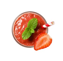 Glass of tasty strawberry smoothie isolated on white, top view