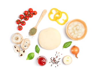 Photo of Dough and ingredients for pizza on white background, top view