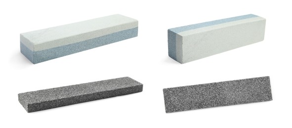 Image of Set with sharpening stones for knife on white background. Banner design 