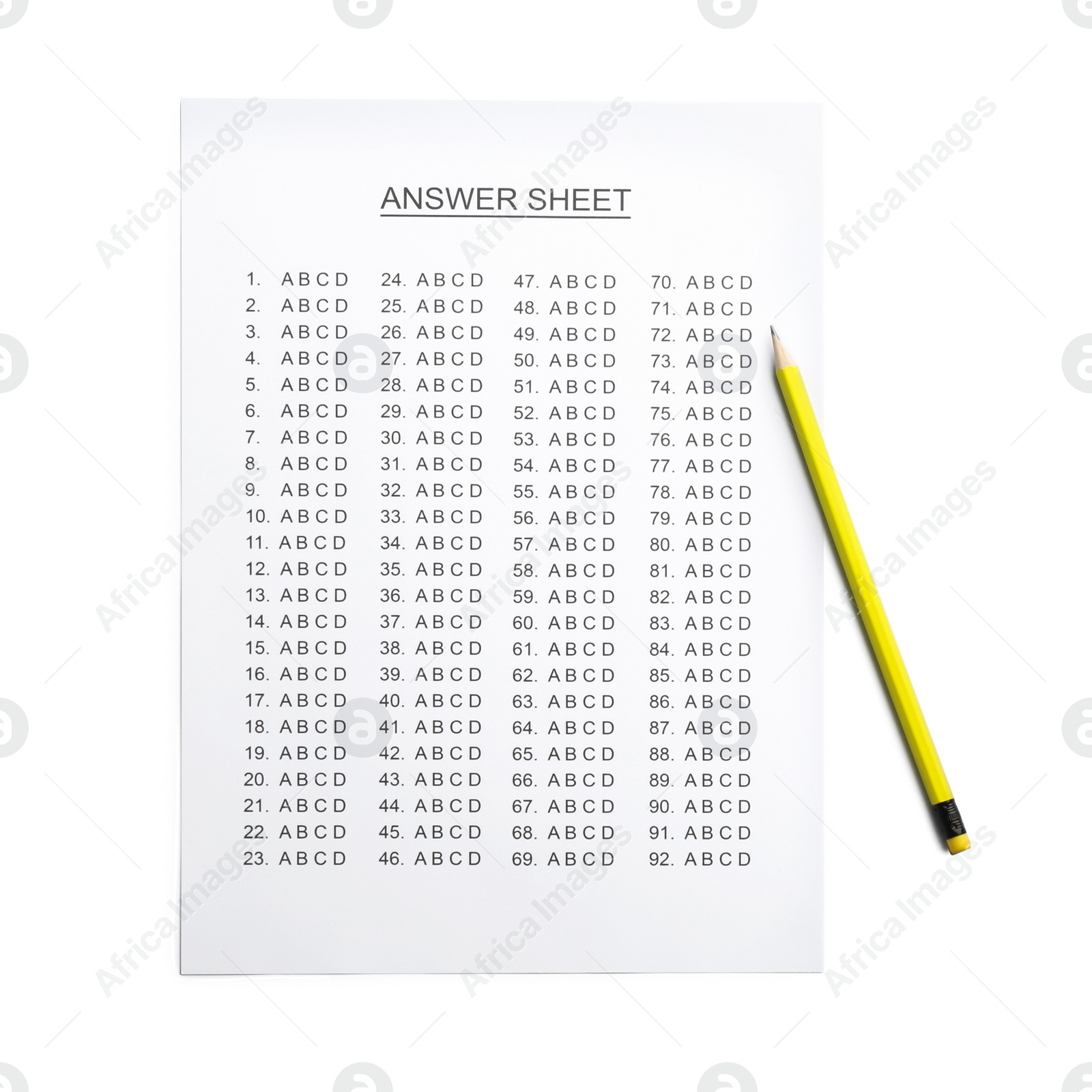 Photo of Answer sheet with pencil on white background, top view