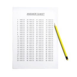 Photo of Answer sheet with pencil on white background, top view