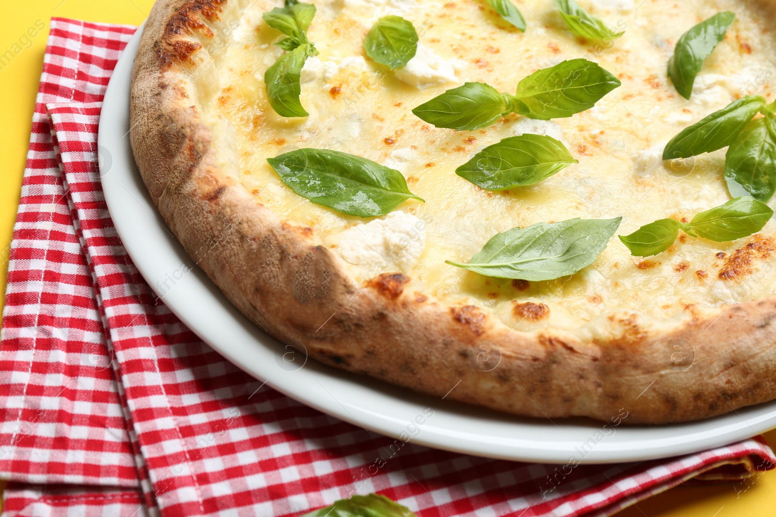 Photo of Delicious hot cheese pizza on table, closeup