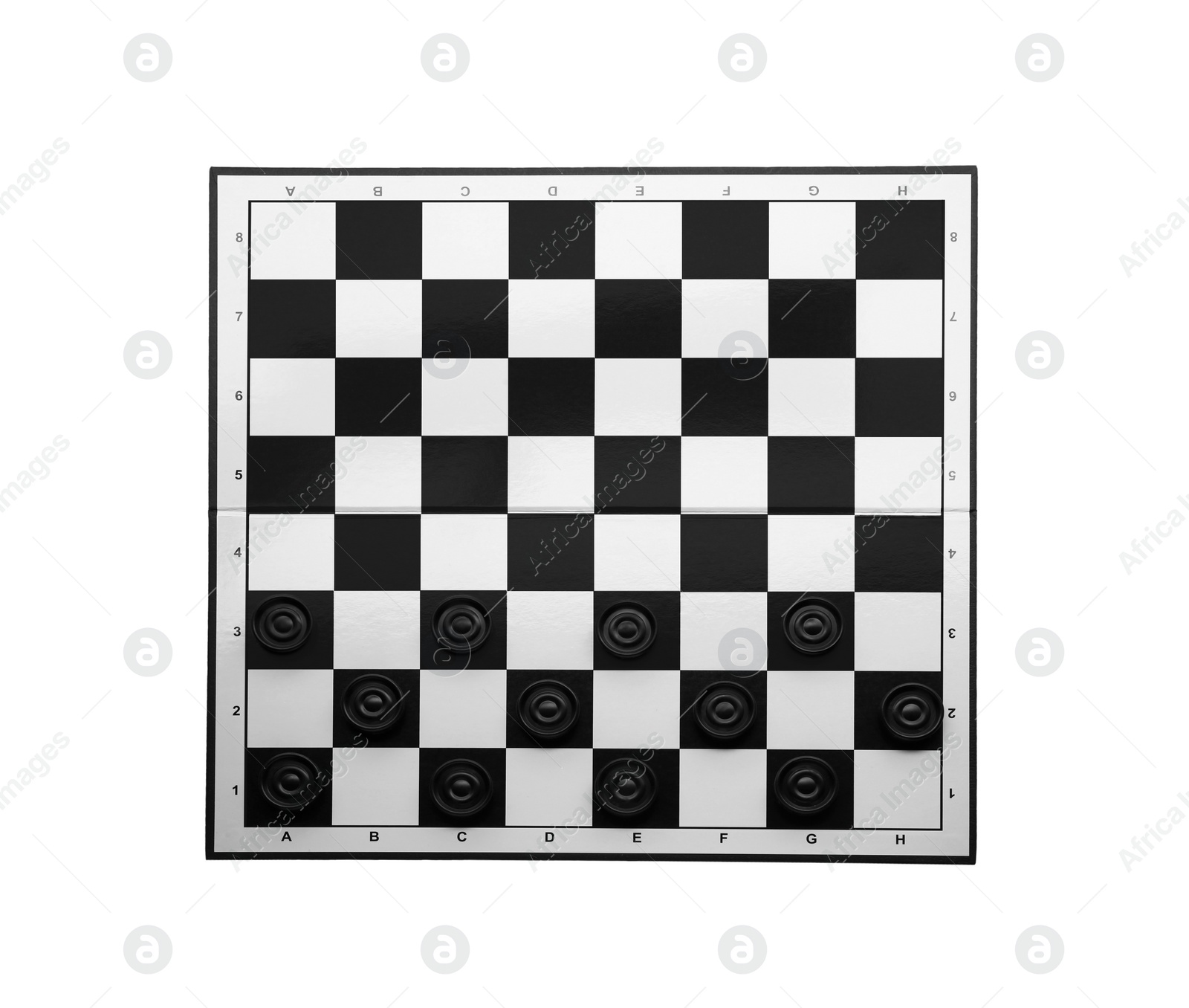 Photo of Checkerboard with game pieces isolated on white, top view