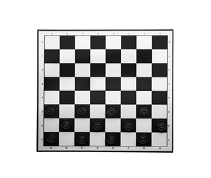 Photo of Checkerboard with game pieces isolated on white, top view