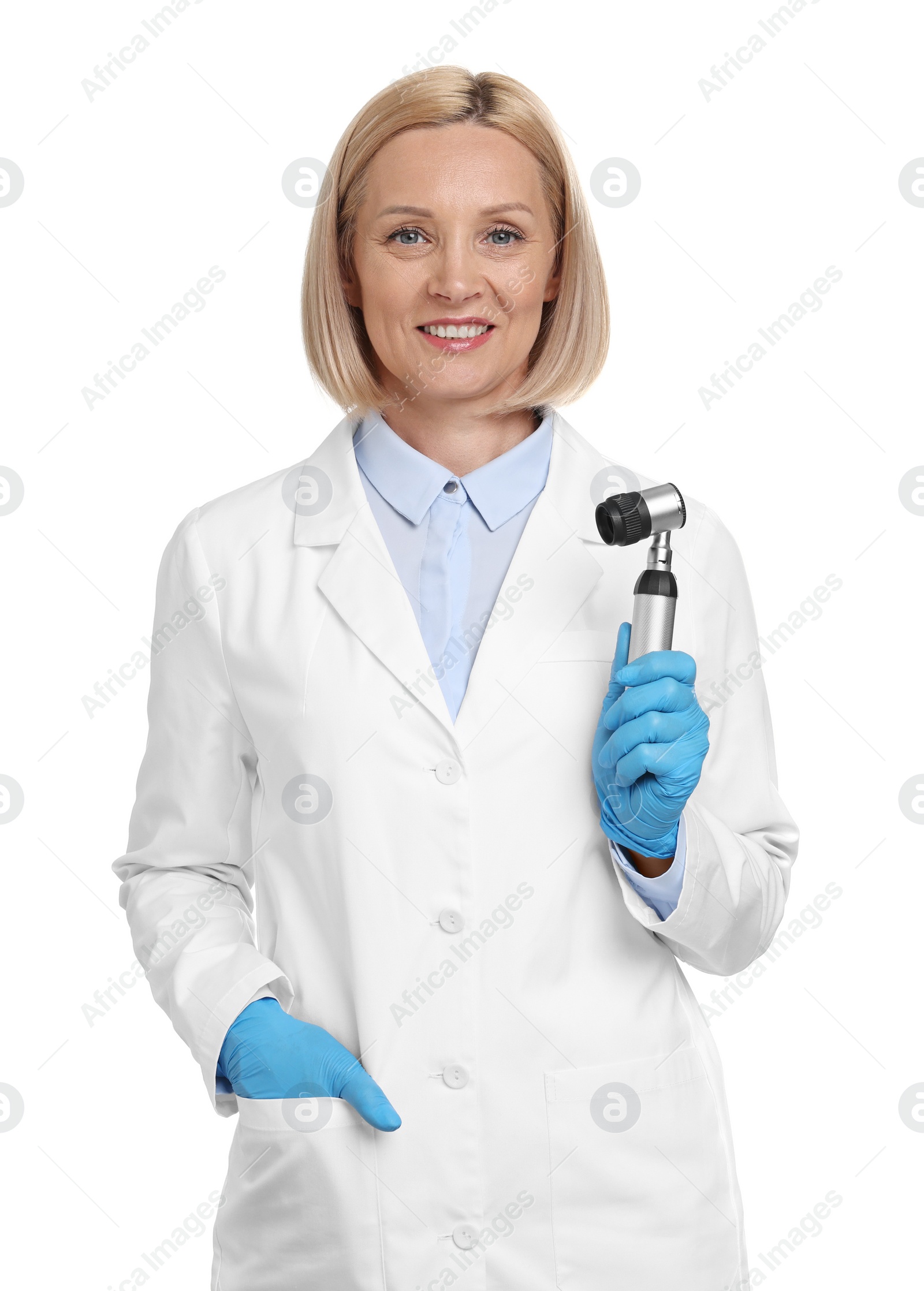 Photo of Happy dermatologist with dermatoscope isolated on white