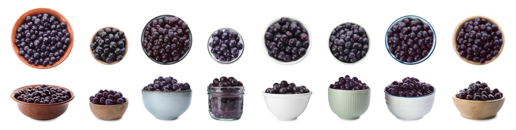 Image of Set of bowls with fresh acai berries on white background. Banner design