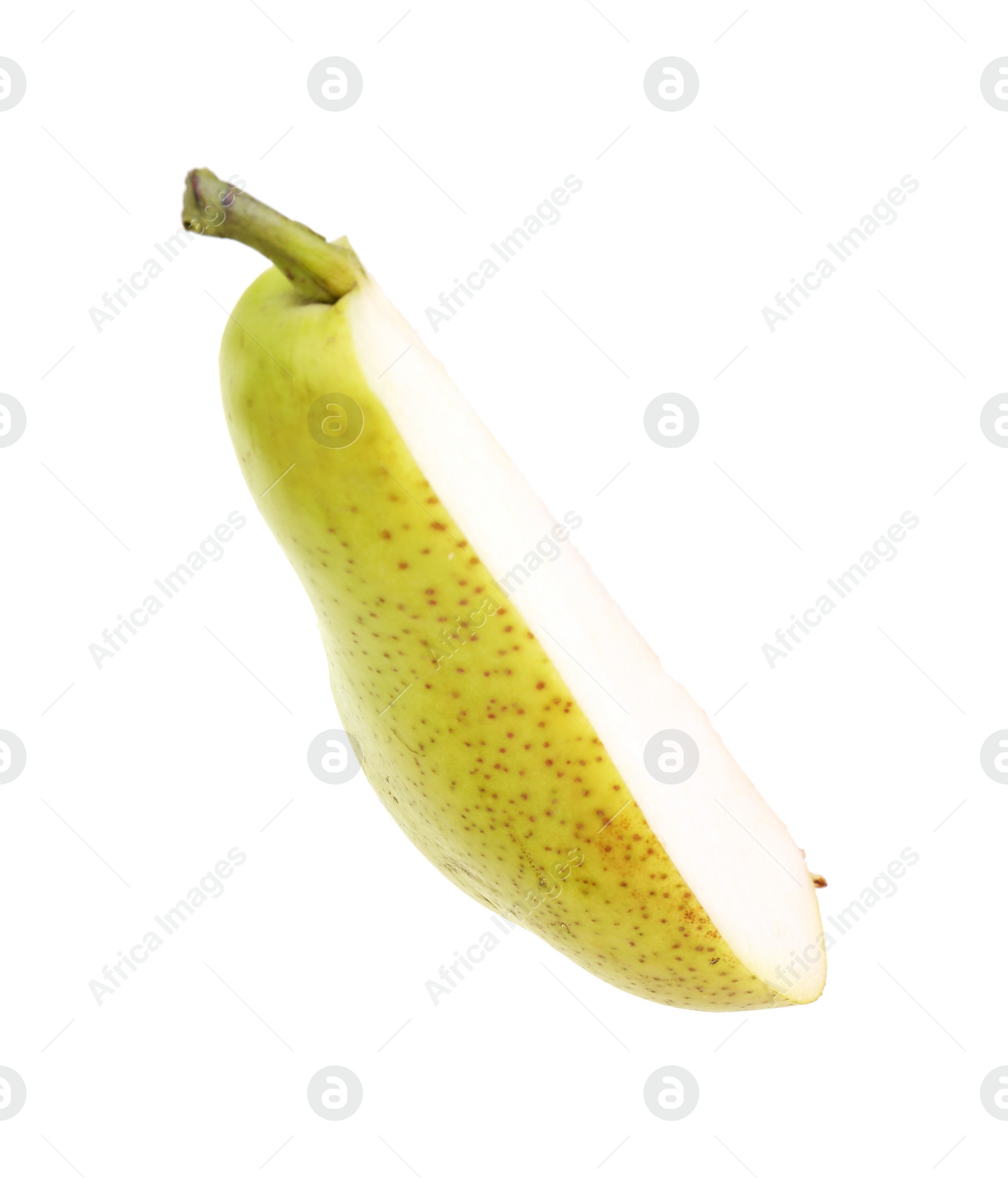 Photo of Piece of ripe pear on white background