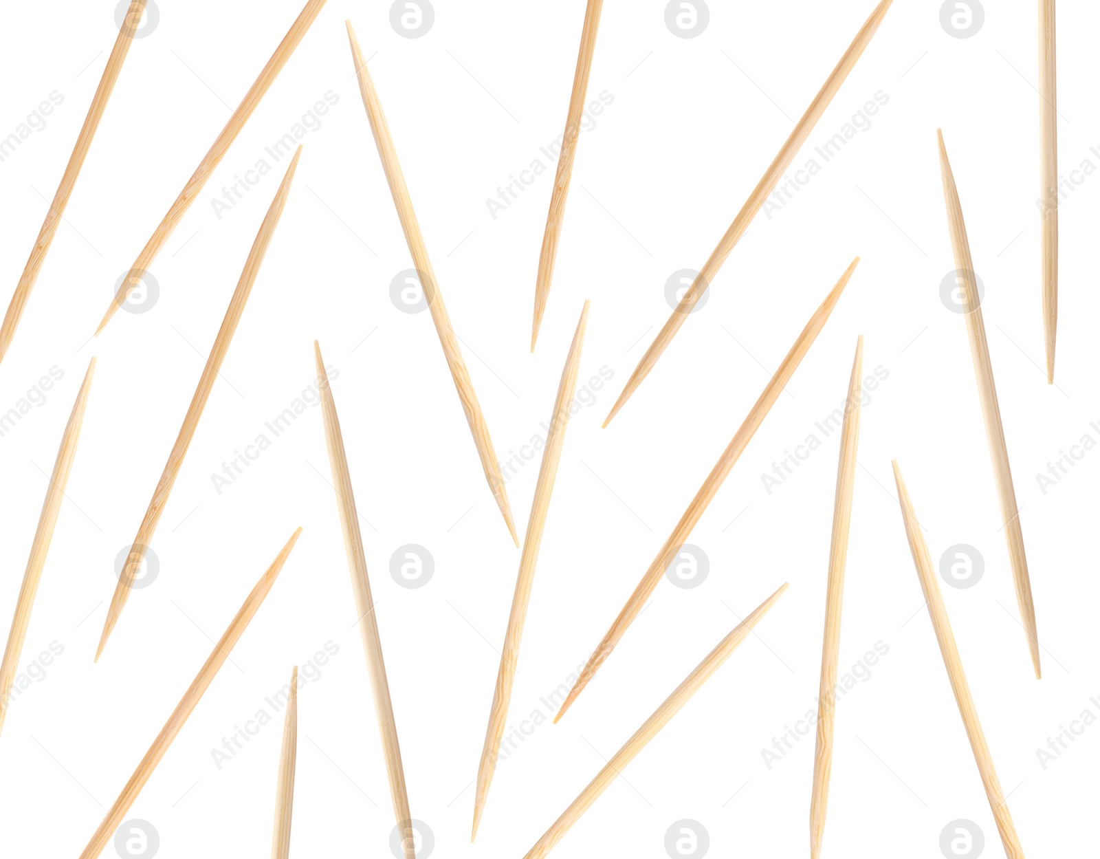 Image of Wooden toothpicks falling on white background, collage