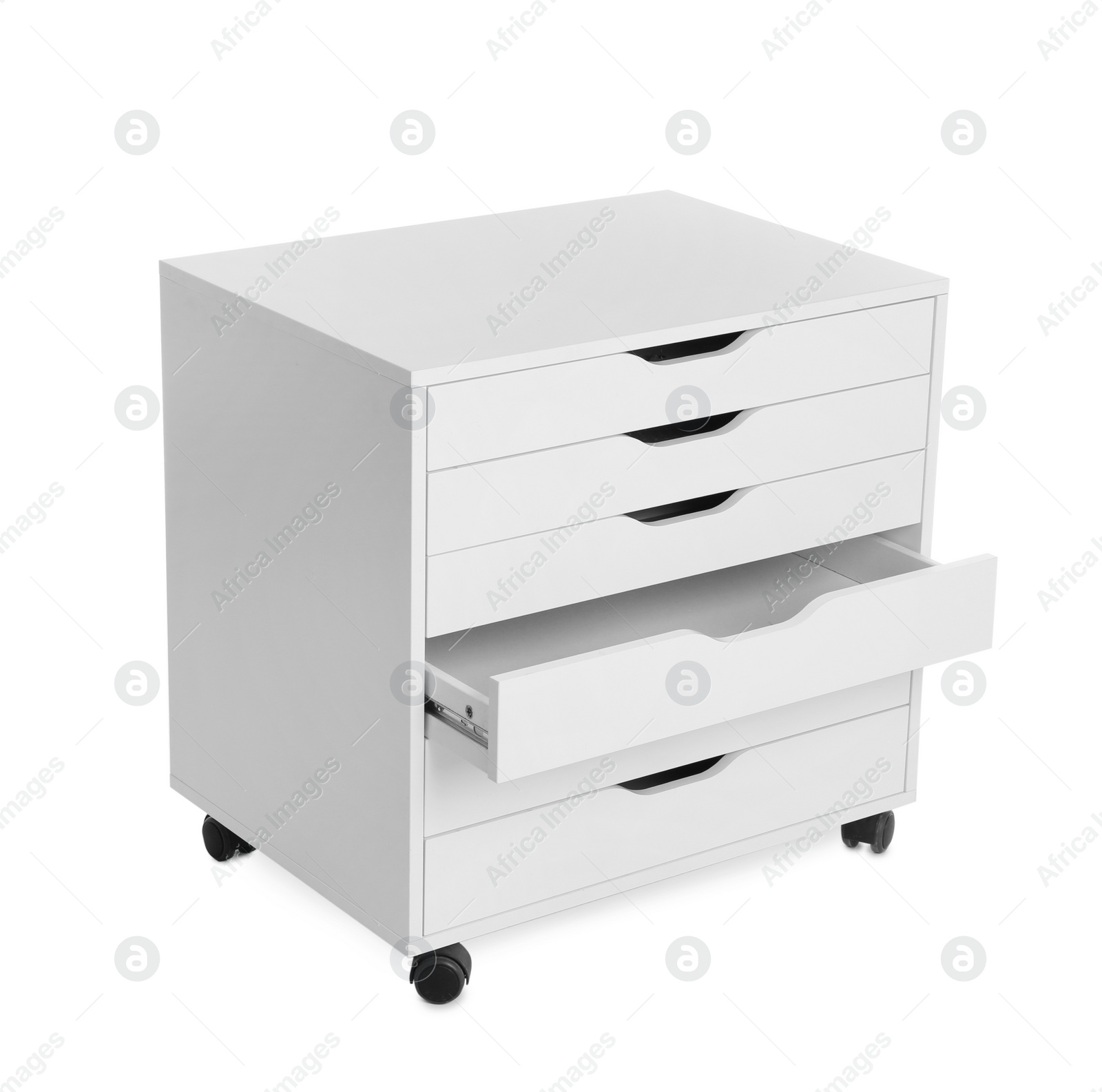 Photo of Stylish chest of drawers on white background. Furniture for wardrobe room